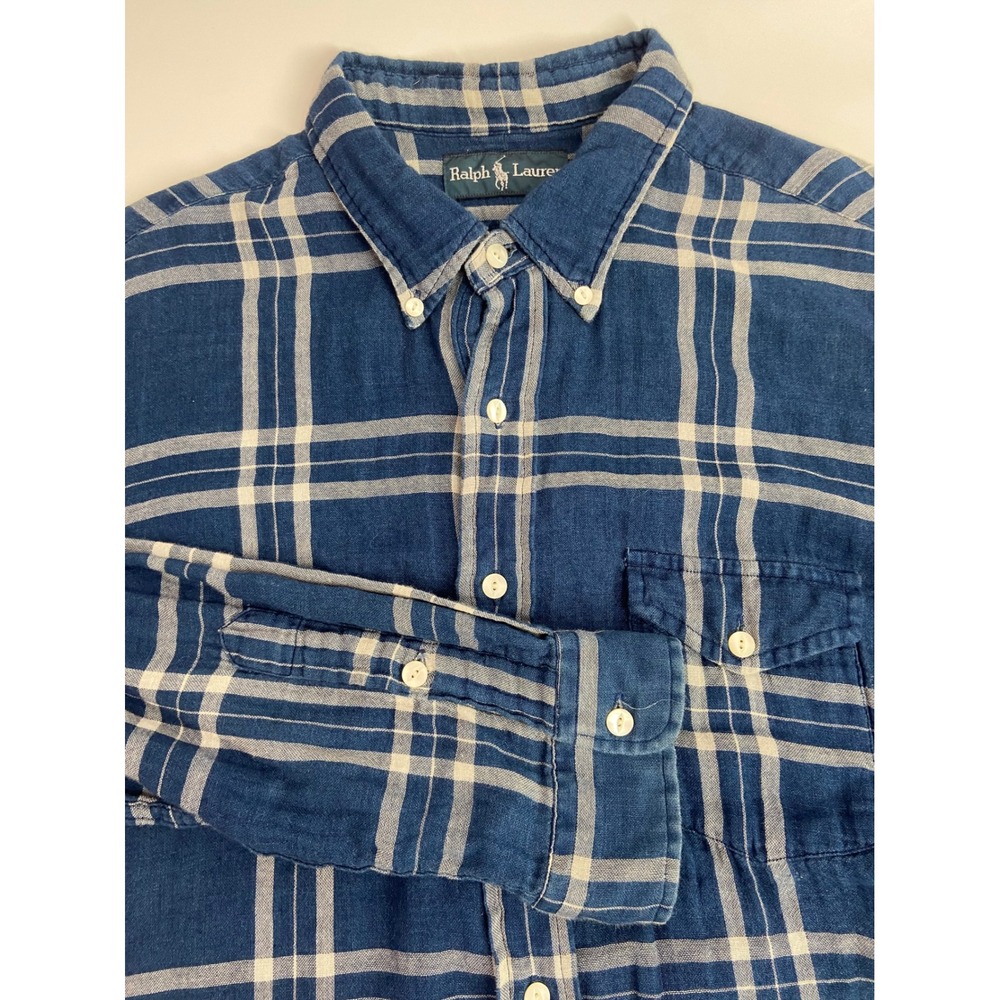 Ralph Lauren Blue 2-Layer Plaid Button Down Shirt Blue Long Sleeve Casual XL